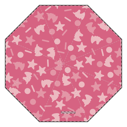 Mock-up of open umbrella top with bright pink unicorn sprinkles design