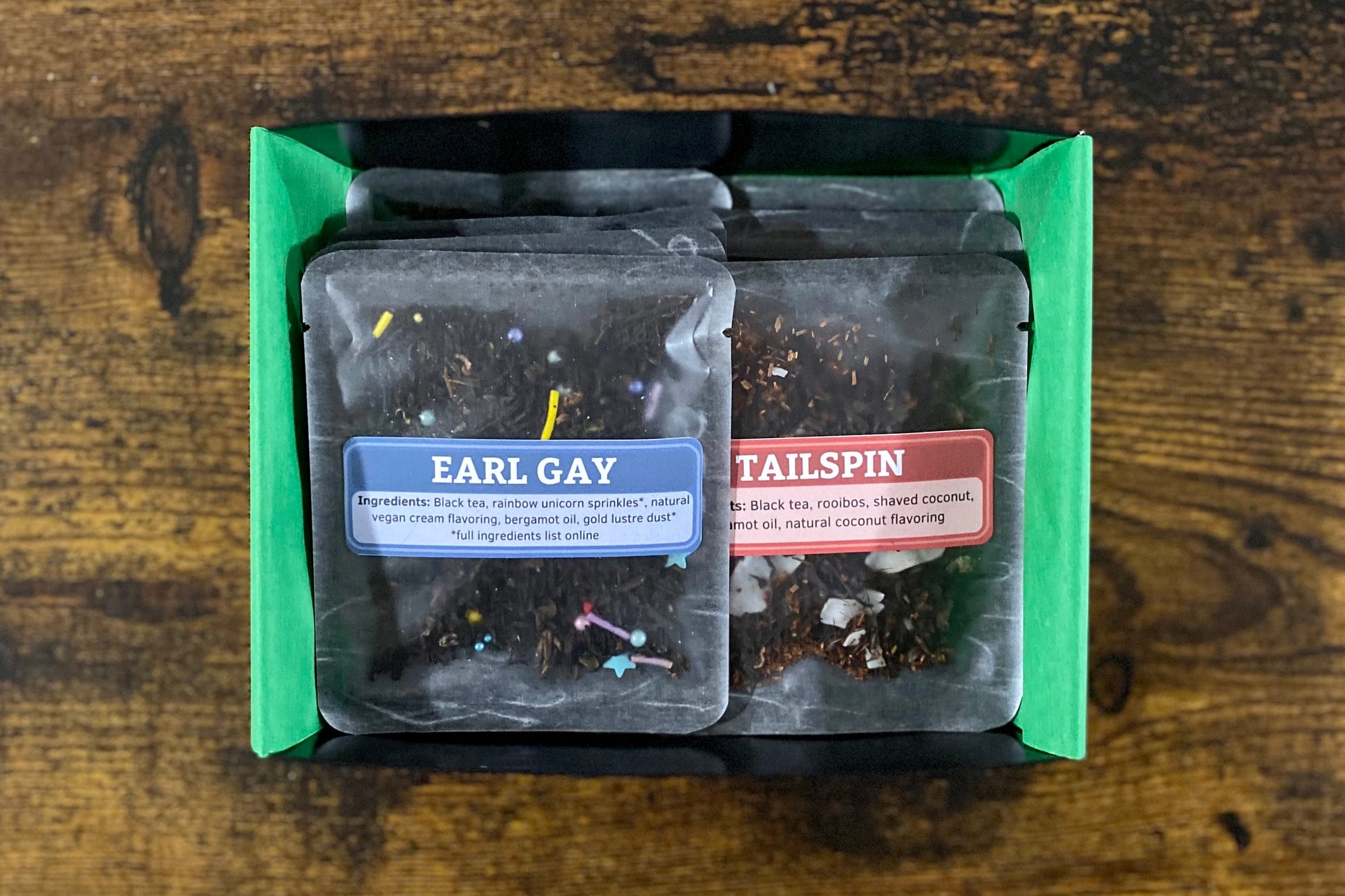 Open box showing top two tea samples: Earl Gay and Tailspin