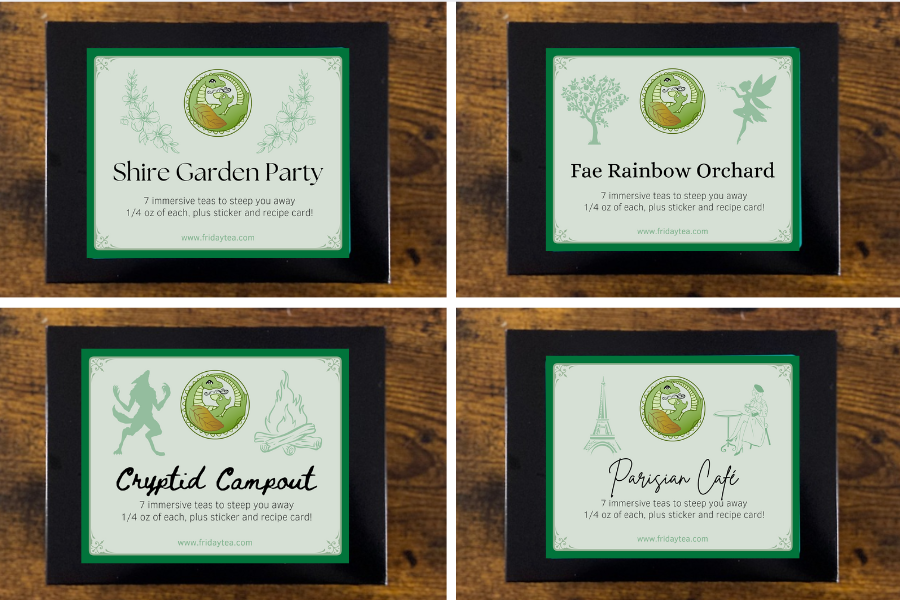 Four themed sampler boxes: Shire Garden Party, Fae Rainbow Orchard, Cryptid Campout and Parisian Cafe